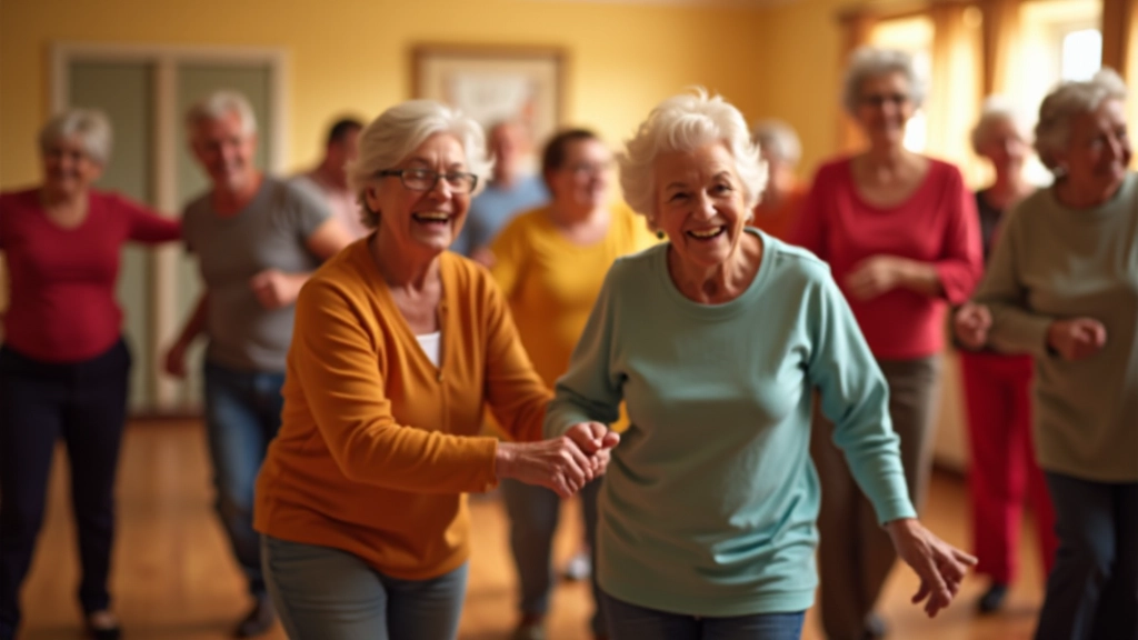 Older adults dancing together in a vibrant community dance hall with colorful decorations and warm lighting