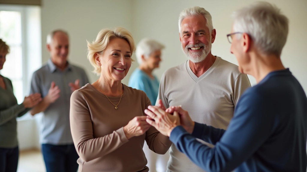 Group of retirees greeting each other warmly in a dance studio with bright natural lighting