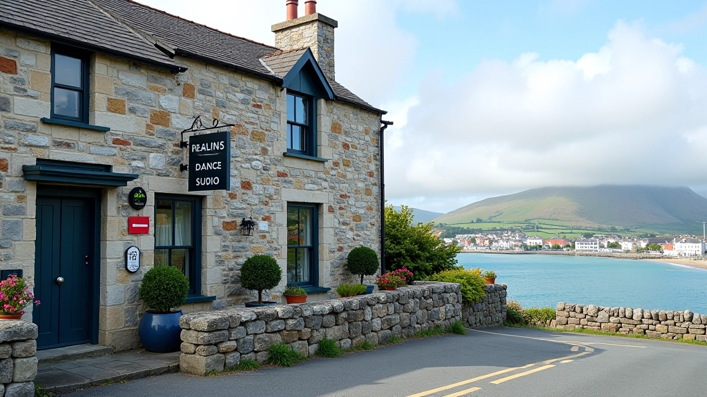 Scenic view of Galway coastline with a traditional Irish dance studio building overlooking the harbor and colorful buildings