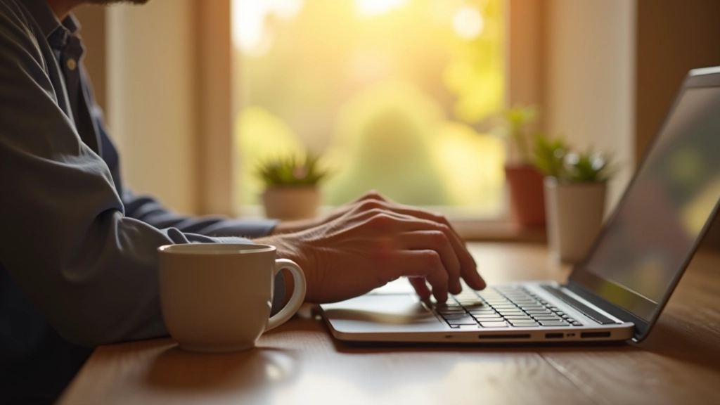 Person browsing dance programs on laptop with coffee, home office setting