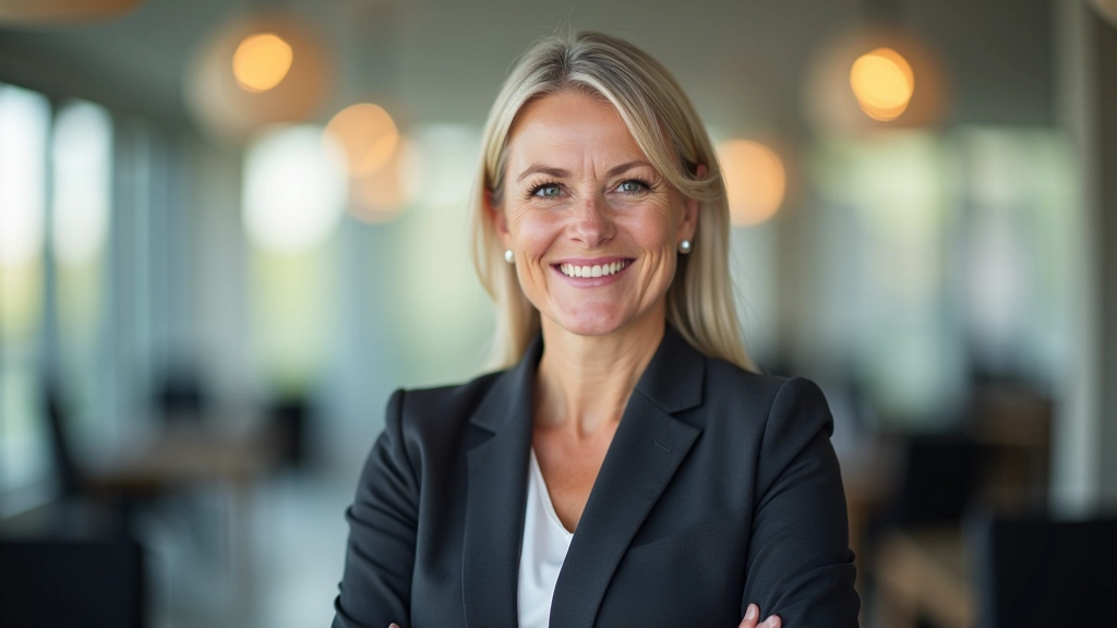 Female community coordinator, professional headshot, friendly smile, office background